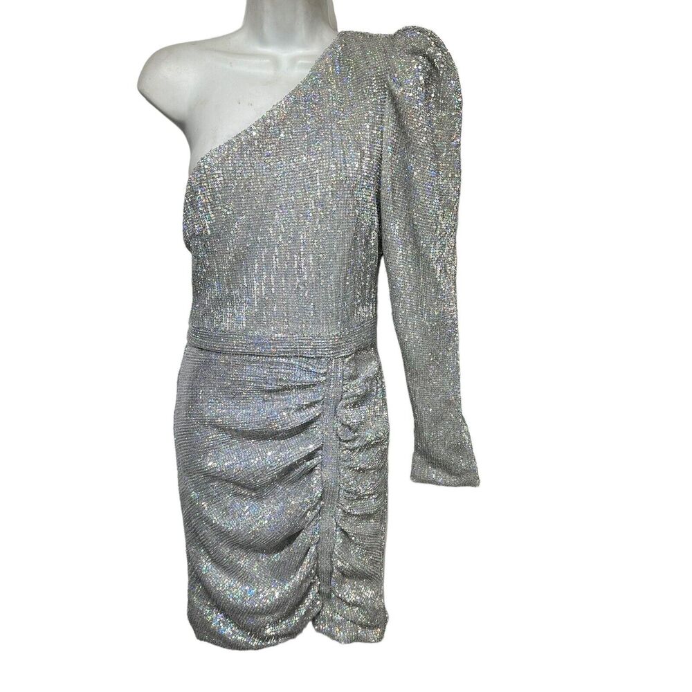 Lavish Alice Sequin One Sleeve Silver Iridescent Holo Cocktail mini Dress Size 4 - Picture 3 of 9